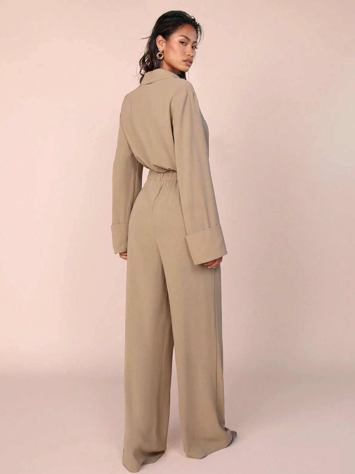 COSMINA Women's Solid Color Front-Tie Long Sleeve Casual Jumpsuit