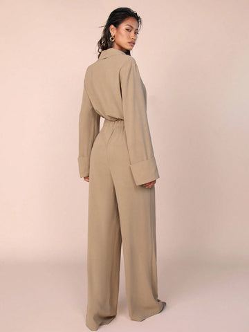 COSMINA Women's Solid Color Front-Tie Long Sleeve Casual Jumpsuit
