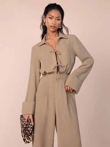 COSMINA Women's Solid Color Front-Tie Long Sleeve Casual Jumpsuit