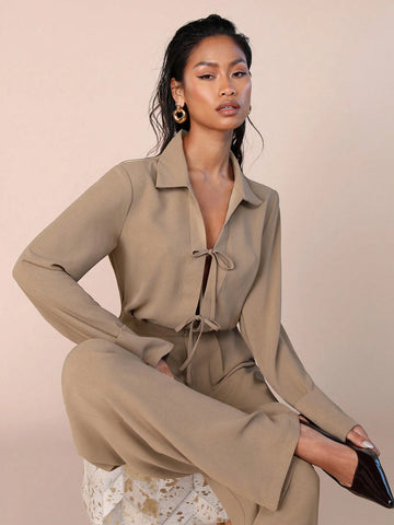 COSMINA Women's Solid Color Front-Tie Long Sleeve Casual Jumpsuit