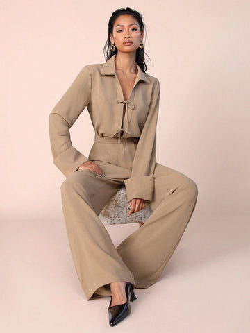 COSMINA Women's Solid Color Front-Tie Long Sleeve Casual Jumpsuit