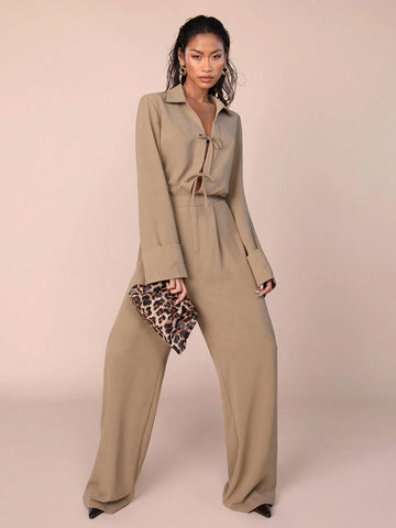 COSMINA Women's Solid Color Front-Tie Long Sleeve Casual Jumpsuit