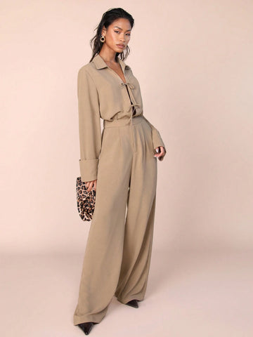 COSMINA Women's Solid Color Front-Tie Long Sleeve Casual Jumpsuit