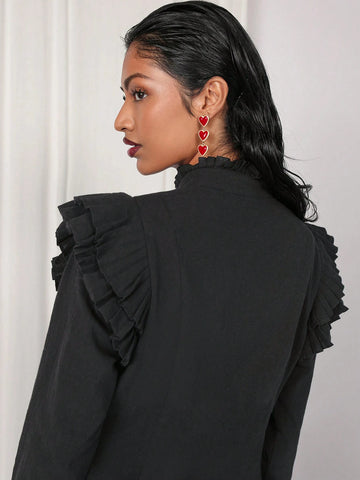 Women's Solid Color Front Button-Up Long Sleeve Ruffle Trim Casual Shirt