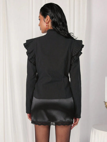 Women's Solid Color Front Button-Up Long Sleeve Ruffle Trim Casual Shirt