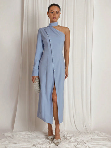 Women's Solid Color Front Button Oblique Shoulder Long Sleeve Simple Casual Shirt