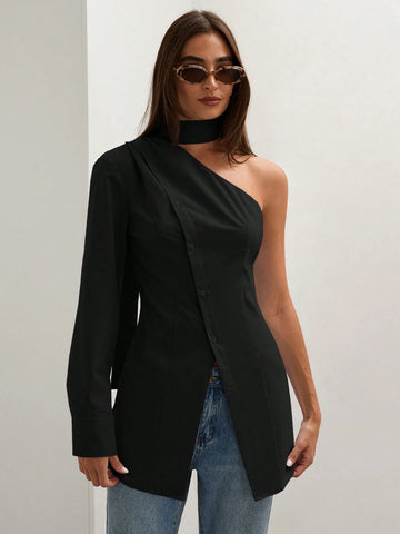 Women's Solid Color One Shoulder Long Sleeve Blouse With Slit Hem Design, Autumn