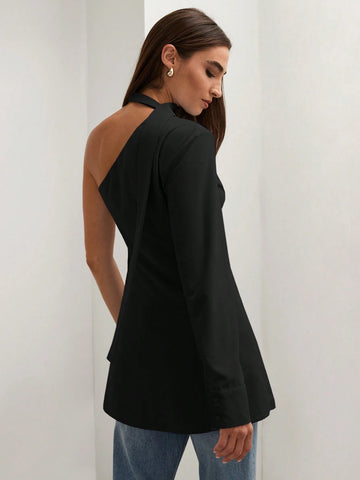 Women's Solid Color One Shoulder Long Sleeve Blouse With Slit Hem Design, Autumn