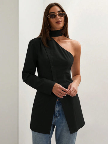 Women's Solid Color One Shoulder Long Sleeve Blouse With Slit Hem Design, Autumn