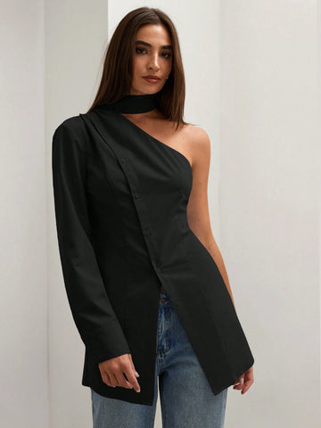 Women's Solid Color One Shoulder Long Sleeve Blouse With Slit Hem Design, Autumn