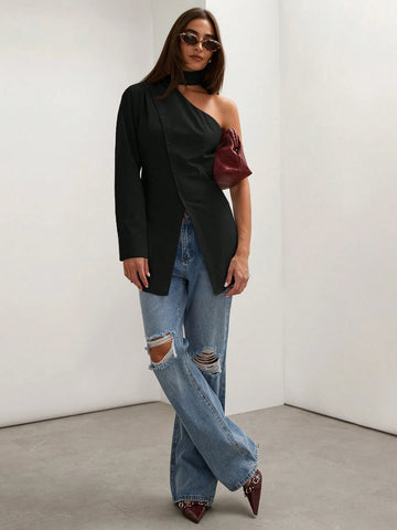 Women's Solid Color One Shoulder Long Sleeve Blouse With Slit Hem Design, Autumn