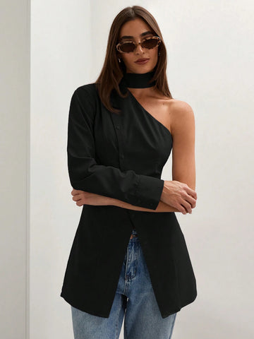 Women's Solid Color One Shoulder Long Sleeve Blouse With Slit Hem Design, Autumn