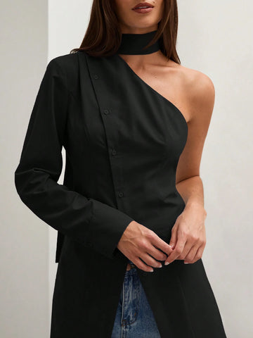 Women's Solid Color One Shoulder Long Sleeve Blouse With Slit Hem Design, Autumn