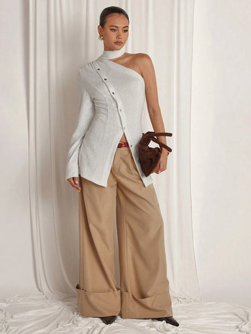 Women's Solid Color One Shoulder Long Sleeve Single-Breasted Casual Blouse, Autumn Asymmetrical Hem Top