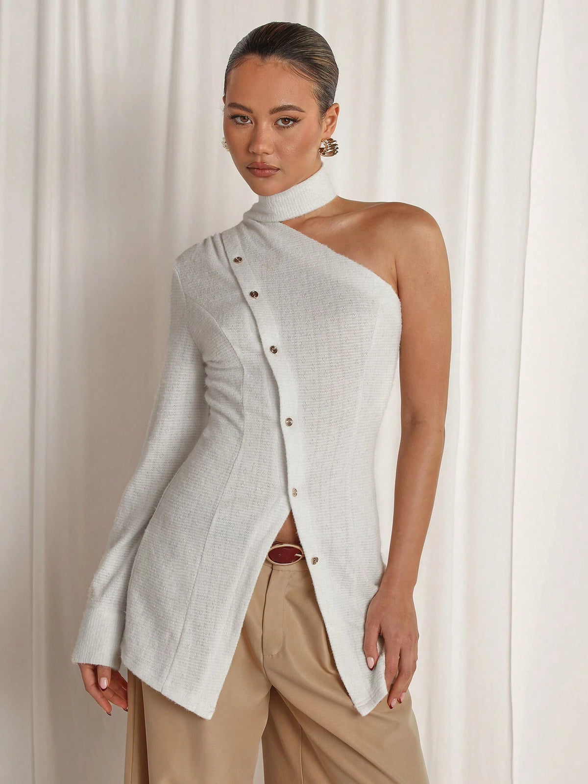 Women's Solid Color One Shoulder Long Sleeve Single-Breasted Casual Blouse, Autumn Asymmetrical Hem Top