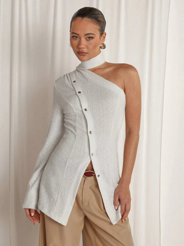 Women's Solid Color One Shoulder Long Sleeve Single-Breasted Casual Blouse, Autumn Asymmetrical Hem Top