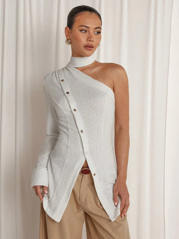 Women's Solid Color One Shoulder Long Sleeve Single-Breasted Casual Blouse, Autumn Asymmetrical Hem Top