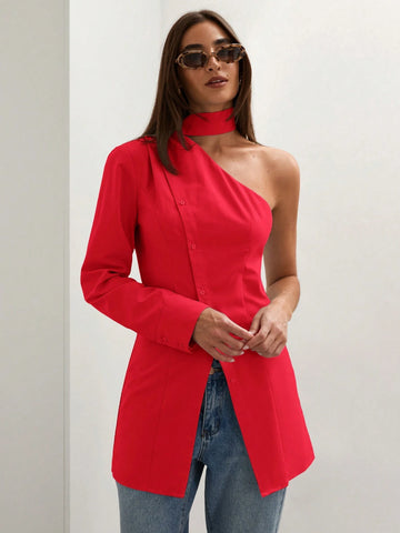 Women's Solid Color One Shoulder Long Sleeve Single-Breasted Casual Shirt