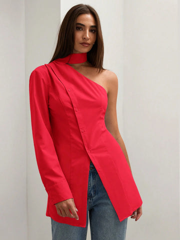 Women's Solid Color One Shoulder Long Sleeve Single-Breasted Casual Shirt