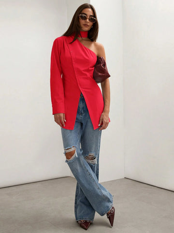 Women's Solid Color One Shoulder Long Sleeve Single-Breasted Casual Shirt