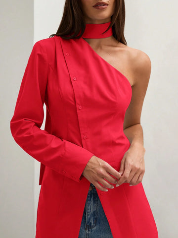 Women's Solid Color One Shoulder Long Sleeve Single-Breasted Casual Shirt