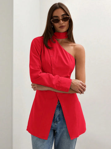 Women's Solid Color One Shoulder Long Sleeve Single-Breasted Casual Shirt