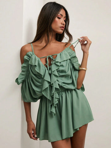 COSMINA Women's Solid Color Open Shoulder Ruffle Hem Casual Jumpsuit