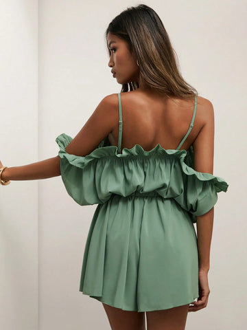 COSMINA Women's Solid Color Open Shoulder Ruffle Hem Casual Jumpsuit