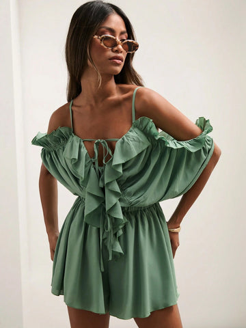 COSMINA Women's Solid Color Open Shoulder Ruffle Hem Casual Jumpsuit
