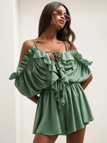 COSMINA Women's Solid Color Open Shoulder Ruffle Hem Casual Jumpsuit
