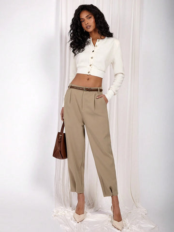 COSMINA Women's Solid Color Pleated Tapered Casual Pants