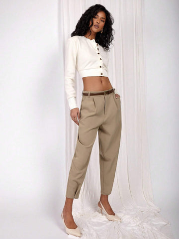 COSMINA Women's Solid Color Pleated Tapered Casual Pants