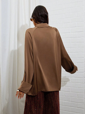 Women's Solid Color Raglan Sleeve Single-Breasted Pocket Casual Shirt, Autumn