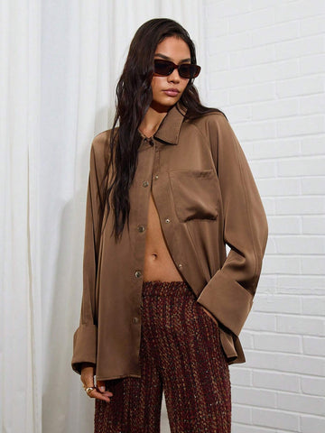 Women's Solid Color Raglan Sleeve Single-Breasted Pocket Casual Shirt, Autumn