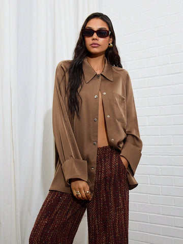 Women's Solid Color Raglan Sleeve Single-Breasted Pocket Casual Shirt, Autumn