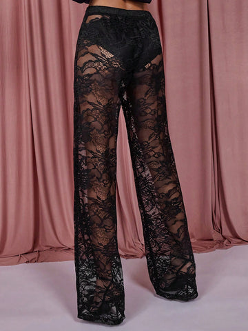 COSMINA Women's Solid Color Sheer Lace Pants, Casual Daily Wear