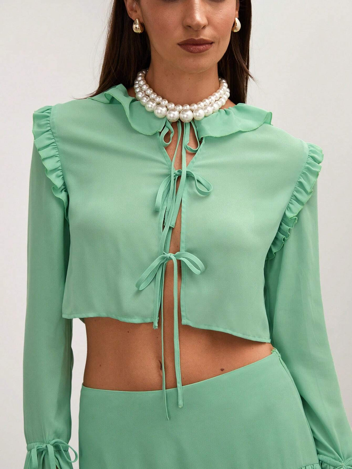 COSMINA Women's Solid Color Tie-Up Minimalist Casual Long Sleeve Blouse