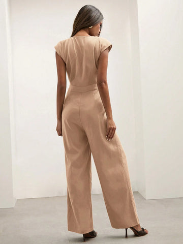 COSMINA Women's Solid Color V-Neck Button Front Minimalist Jumpsuit, Casual Everyday Wear