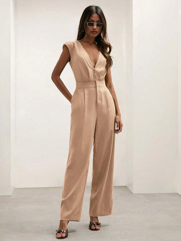 COSMINA Women's Solid Color V-Neck Button Front Minimalist Jumpsuit, Casual Everyday Wear