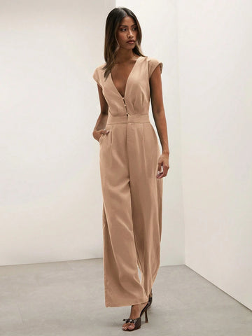 COSMINA Women's Solid Color V-Neck Button Front Minimalist Jumpsuit, Casual Everyday Wear