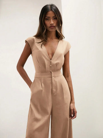COSMINA Women's Solid Color V-Neck Button Front Minimalist Jumpsuit, Casual Everyday Wear