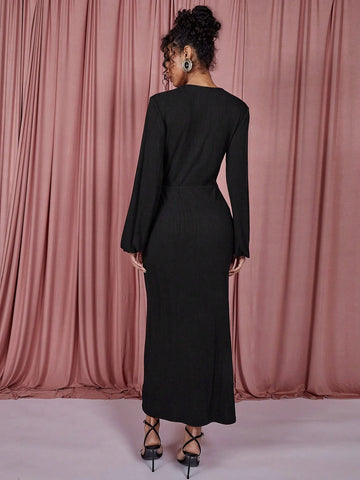 COSMINA Women's Solid Color V-Neck Lantern Sleeve Fitted Elegant Dress