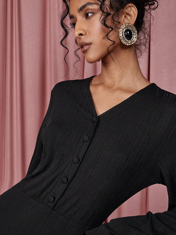 COSMINA Women's Solid Color V-Neck Lantern Sleeve Fitted Elegant Dress