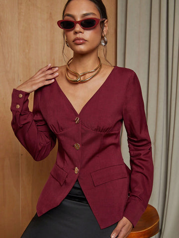 Women's Solid V-Neck Front Button Long Sleeve Blouse