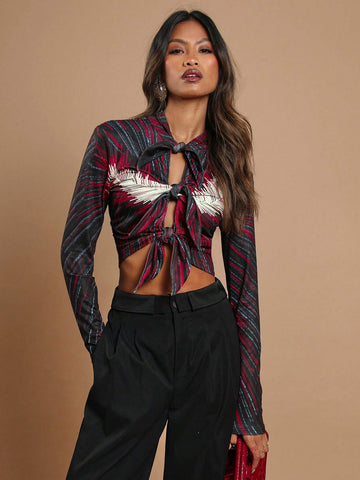 Women's Striped Front Knot Long Sleeve Cropped Fashionable T-Shirt, Autumn