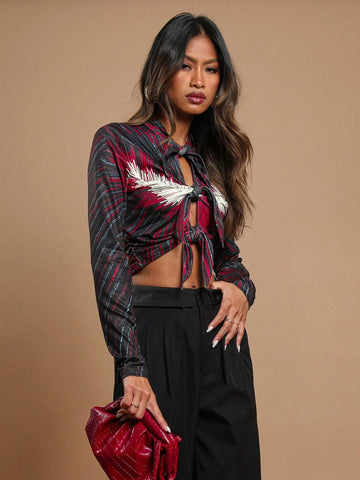 Women's Striped Front Knot Long Sleeve Cropped Fashionable T-Shirt, Autumn