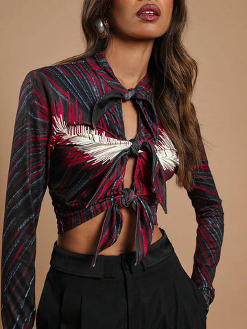 Women's Striped Front Knot Long Sleeve Cropped Fashionable T-Shirt, Autumn