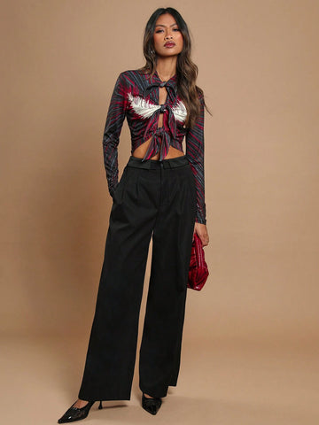 Women's Striped Front Knot Long Sleeve Cropped Fashionable T-Shirt, Autumn
