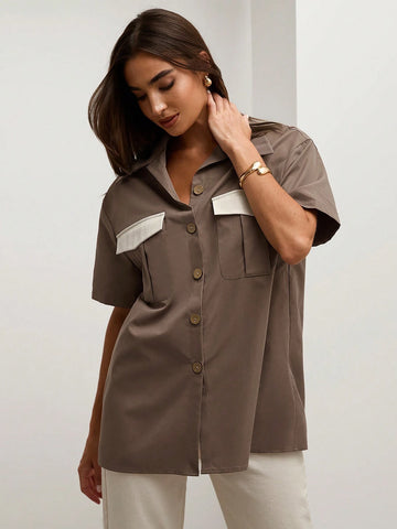 Women's Summer Contrast Color Cargo Pocket Short Sleeve Casual Shirt