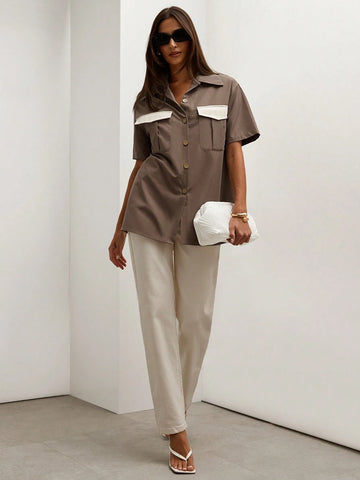 Women's Summer Contrast Color Cargo Pocket Short Sleeve Casual Shirt